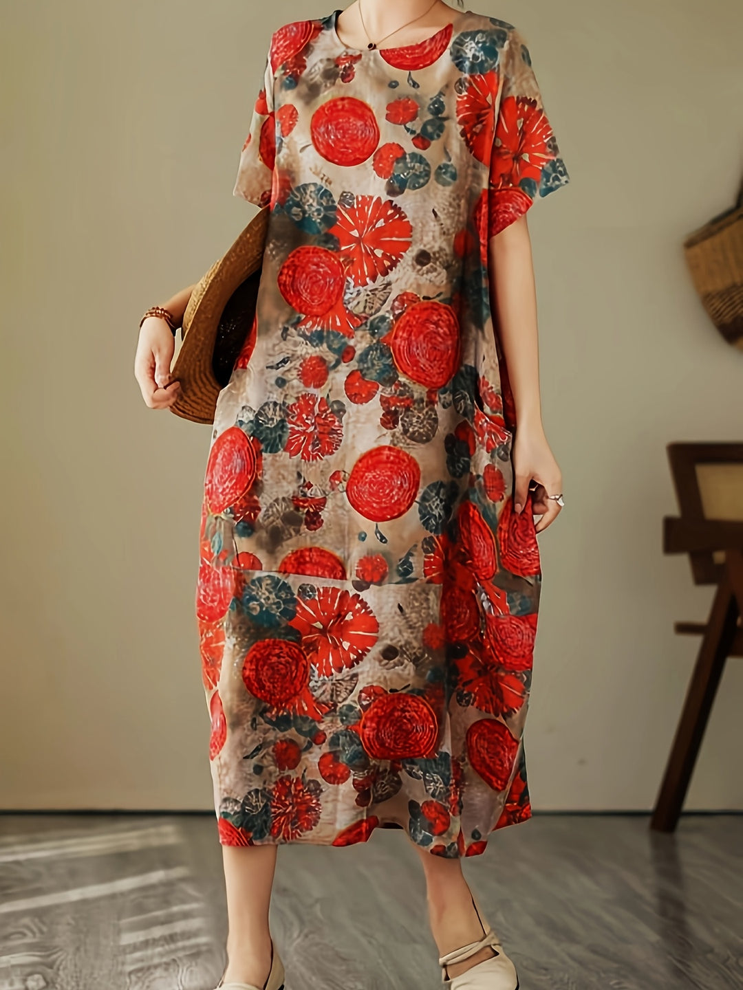 Zynterra | Women’s Midi Dress with relaxed fit and abstract pattern