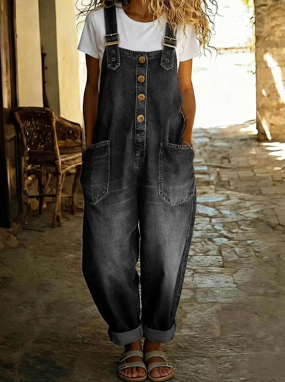 Zeritha | Women’s Button-Front Jumpsuit with adjustable straps and relaxed silhouette