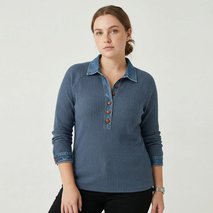 Lioré | Women’s Knit Top with Denim Detail