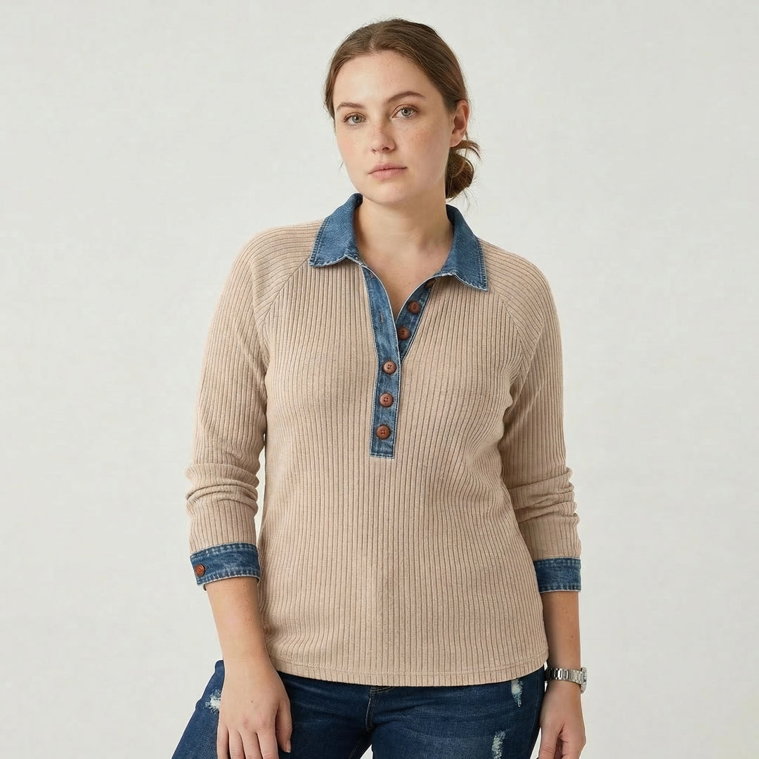 Lioré | Women’s Knit Top with Denim Detail