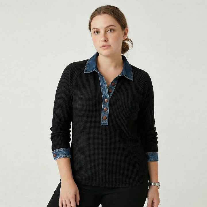 Lioré | Women’s Knit Top with Denim Detail