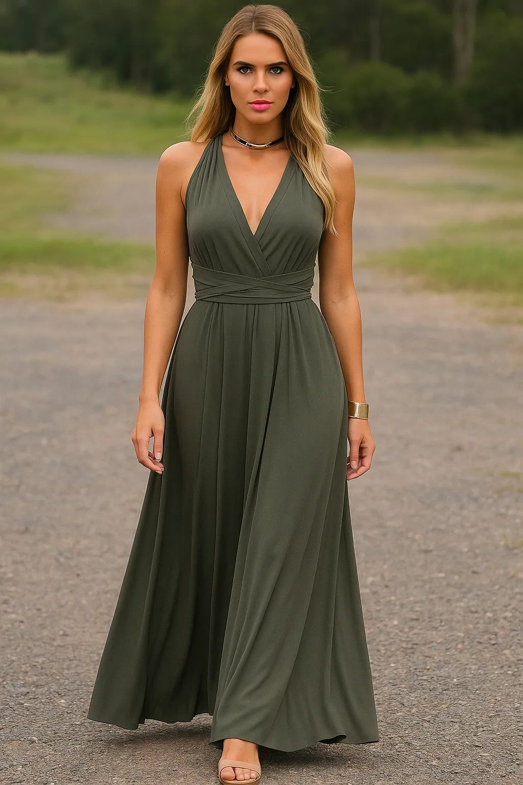 Elmirae | Women’s Maxi Dress with Deep V Neck and Flowing Fit