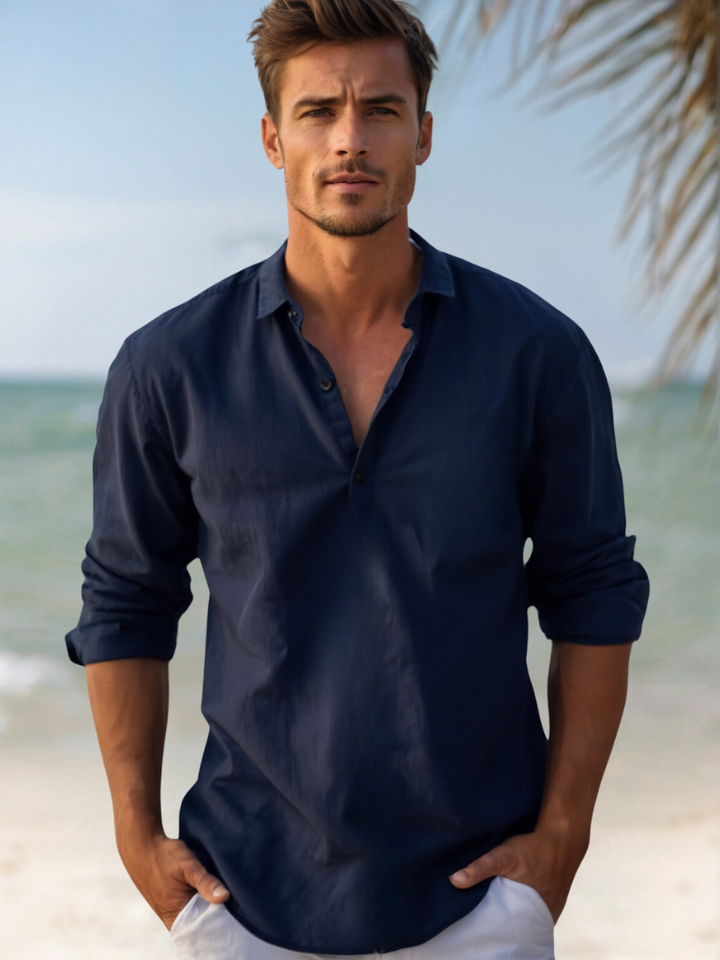 Ethan | Men’s Long Sleeve Shirt with Open Collar and Relaxed Fit