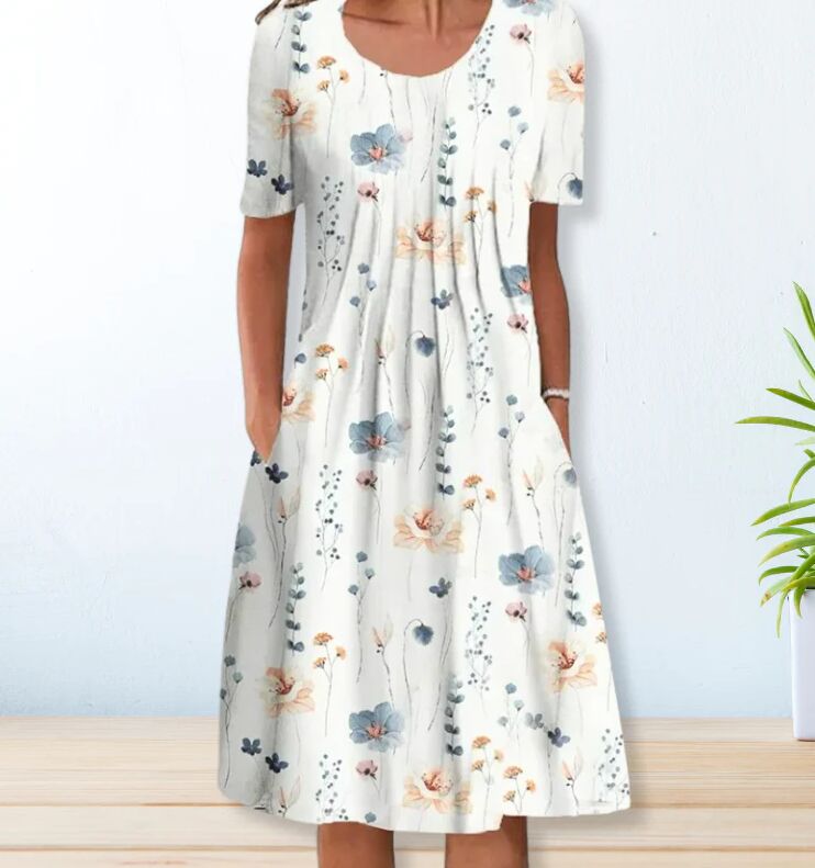 Melira | Women’s Floral Dress with Round Neck and Short Sleeves